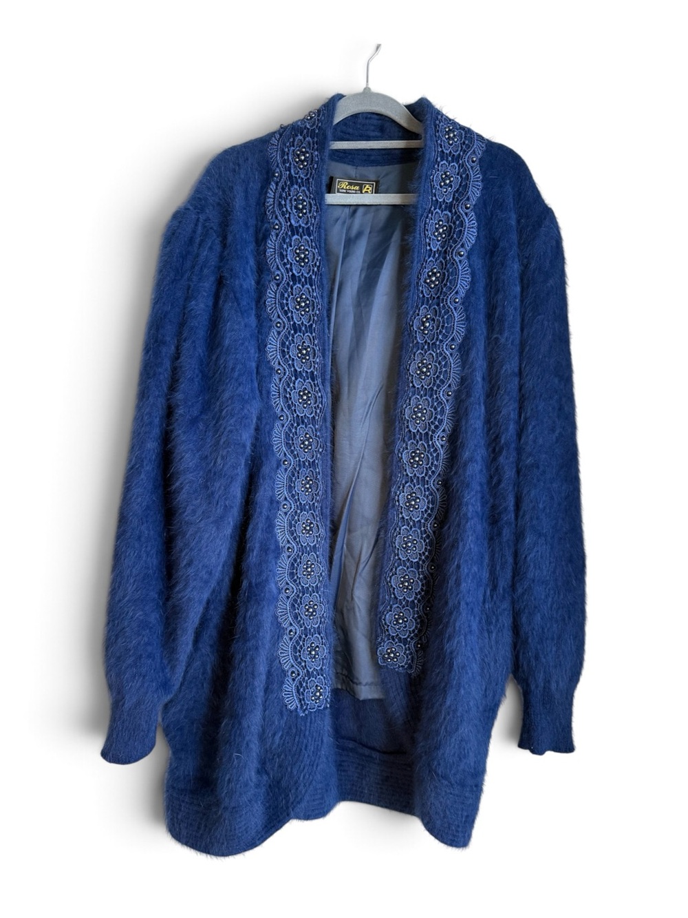 Vintage 80s Rosa Surk Young Cobalt Blue Angora Beaded Long Cardigan | Free Size - Picture 2 of 12